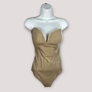 Women Cream Tan Bandeau Back Lace Up Velvet Bodysuit neutral Medium